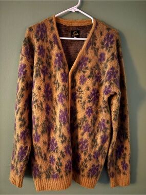 Needles Mustard and Purple Floral Mohair-Blend Cardigan